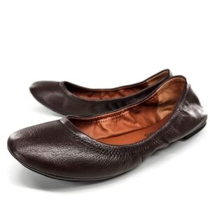 Lucky Brand Emmie Dark Brown Leather Stitched Heel Round-Toe Slip-On Ballet Flat